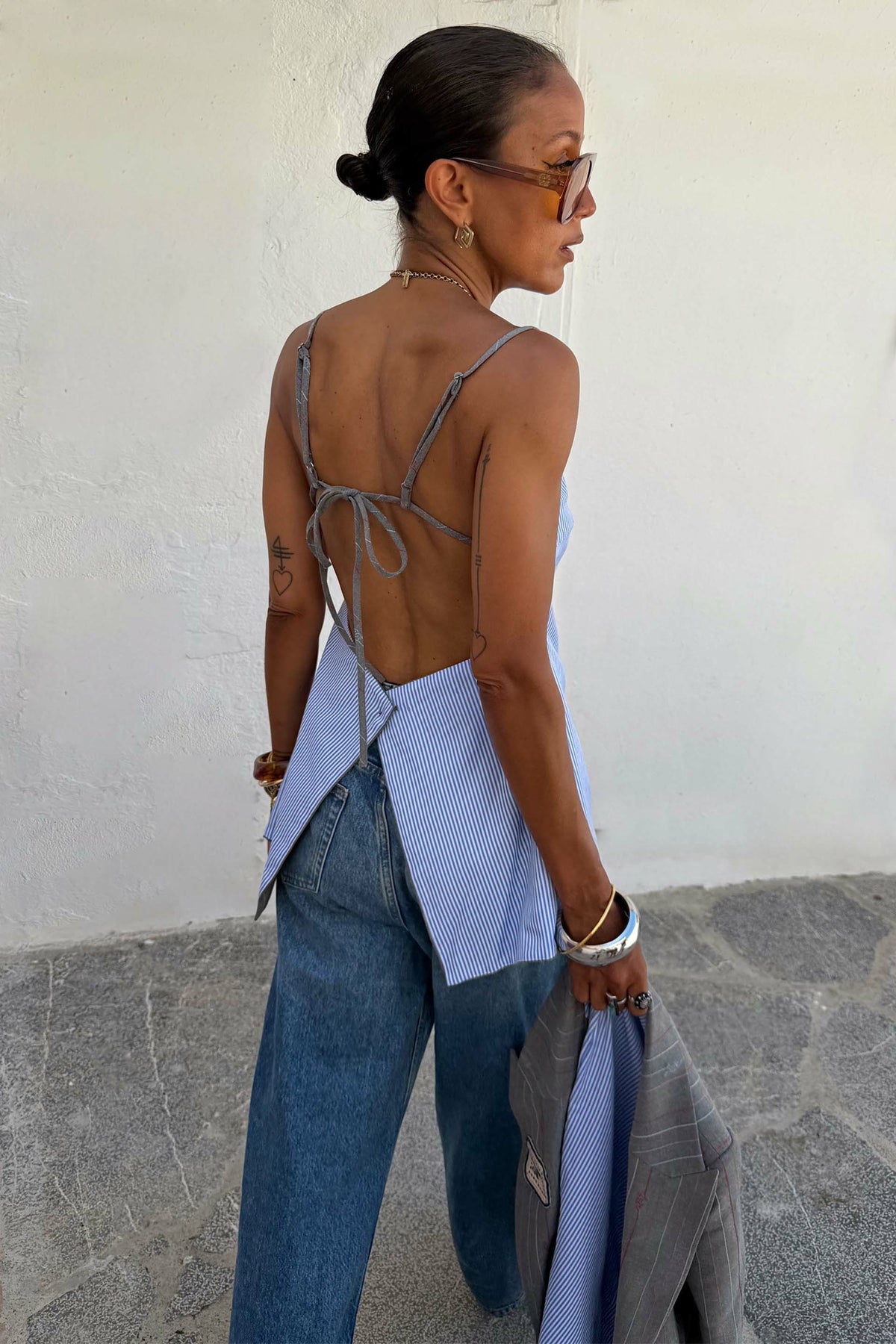 Grey Love Pinstripe Reversible Backless Top | Never Fully Dressed Sale