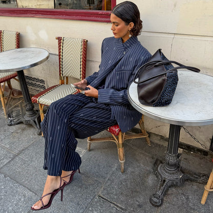 Navy Pinstripe Fold Over Blazer | Never Fully Dressed Quality