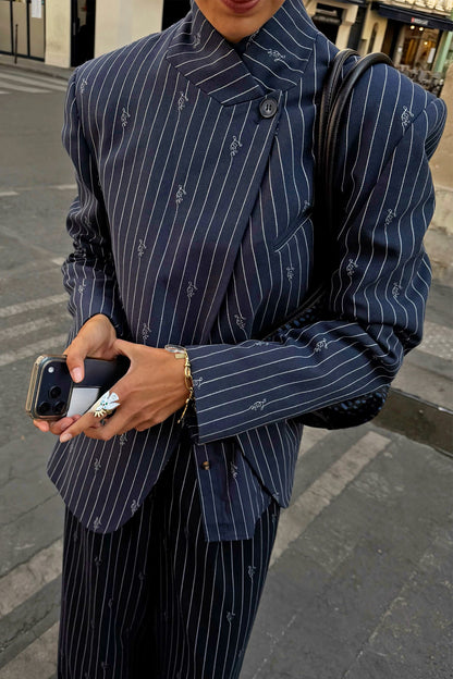 Navy Pinstripe Fold Over Blazer | Never Fully Dressed Quality