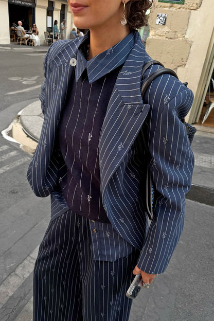 Navy Pinstripe Fold Over Blazer | Never Fully Dressed Quality