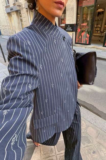 Navy Pinstripe Fold Over Blazer | Never Fully Dressed Quality