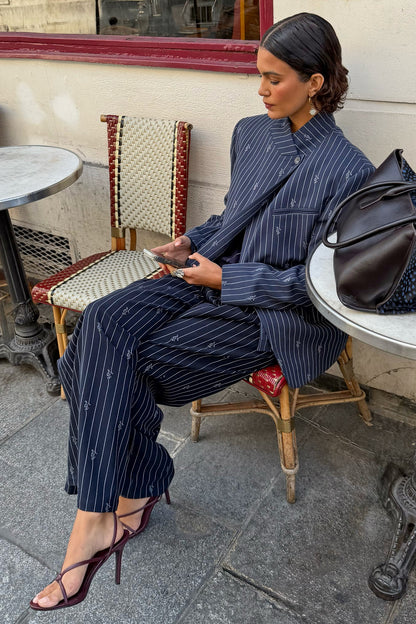 Navy Pinstripe Fold Over Blazer | Never Fully Dressed Quality