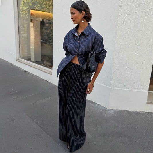 Navy Pinstripe Sophie Trousers | Never Fully Dressed Customer Favorite