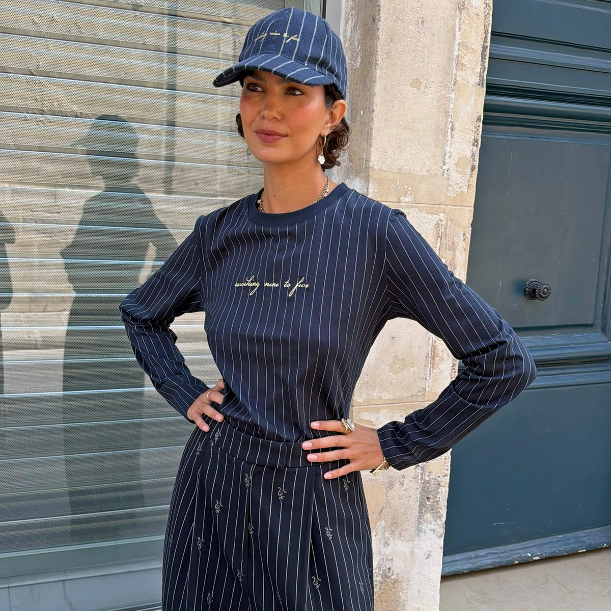 Navy Pinstripe Baby T-Shirt with Gold Embroidery | Never Fully Dressed Quality