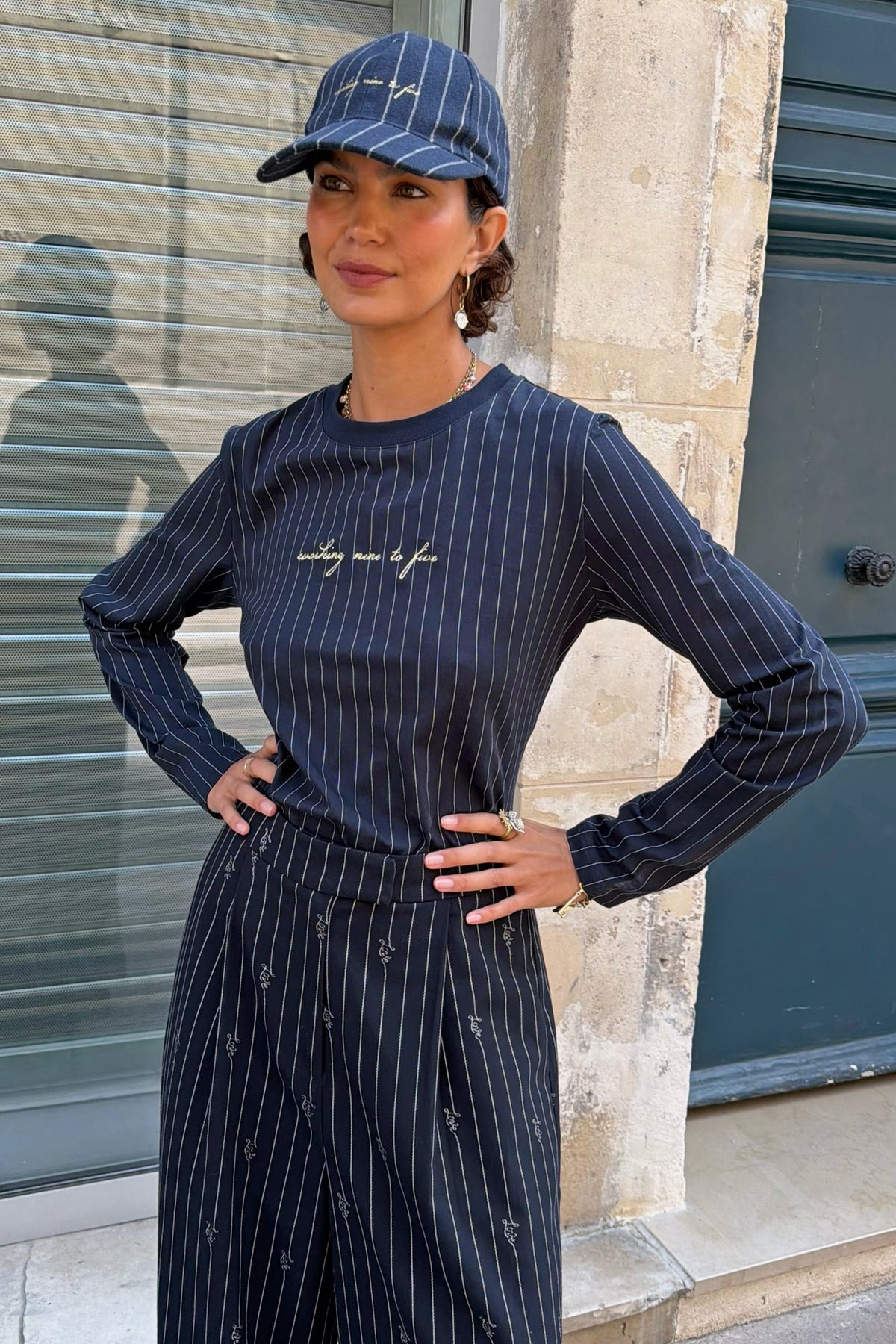 Navy Pinstripe Baby T-Shirt with Gold Embroidery | Never Fully Dressed Quality