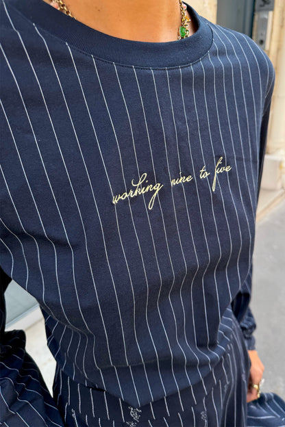 Navy Pinstripe Baby T-Shirt with Gold Embroidery | Never Fully Dressed Quality