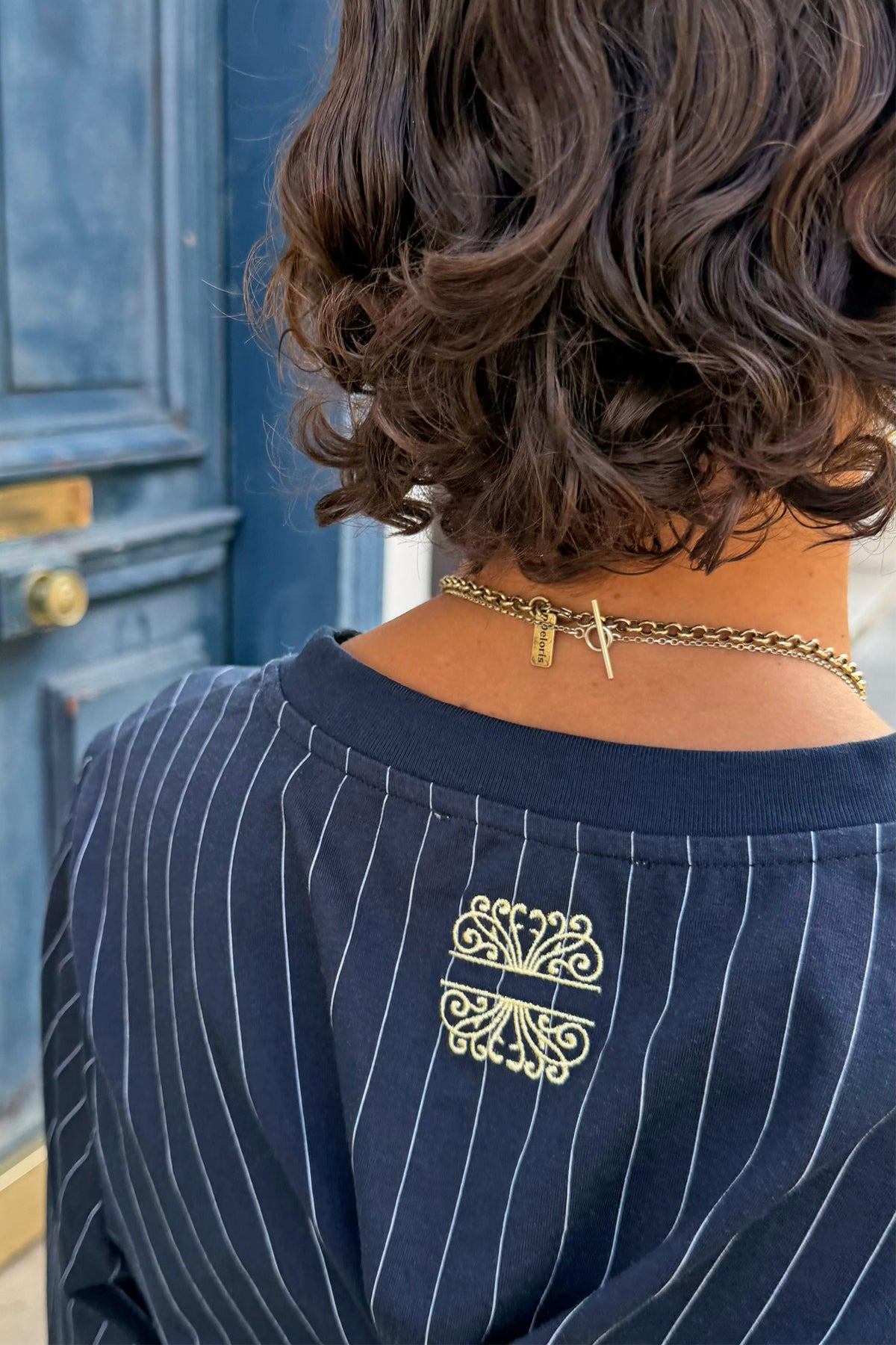 Navy Pinstripe Baby T-Shirt with Gold Embroidery | Never Fully Dressed Quality