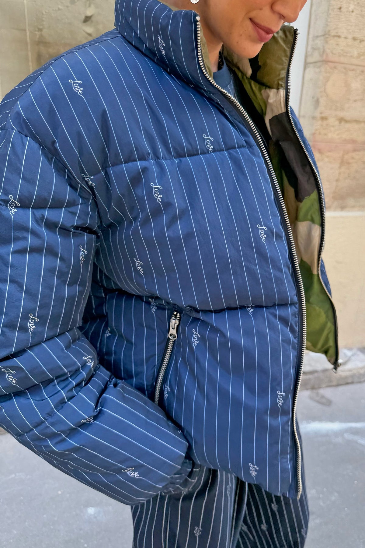 Navy Pinstripe Reversible Funnel Neck Puffer | Never Fully Dressed Popular