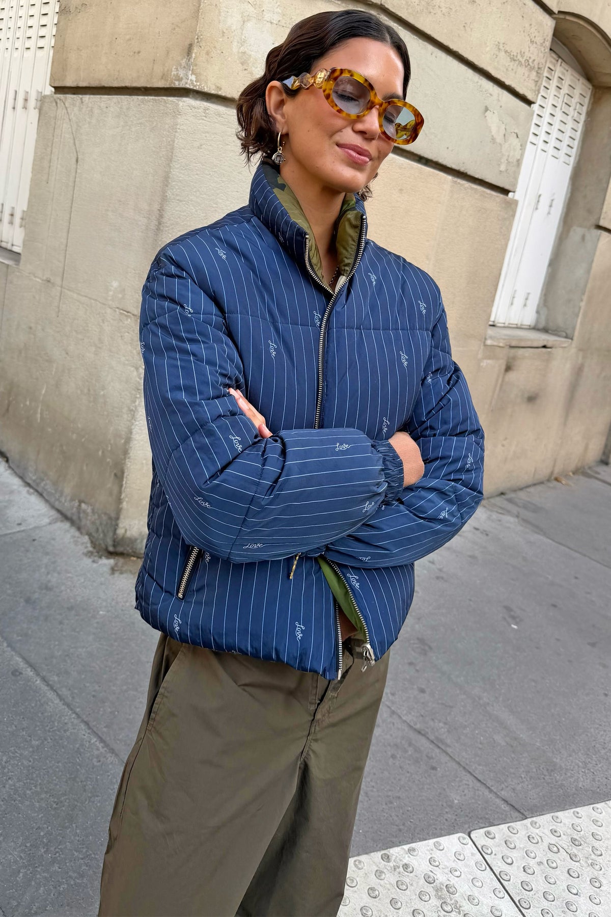 Navy Pinstripe Reversible Funnel Neck Puffer | Never Fully Dressed Popular
