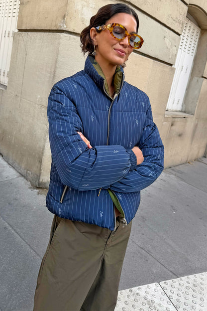Navy Pinstripe Reversible Funnel Neck Puffer | Never Fully Dressed Popular