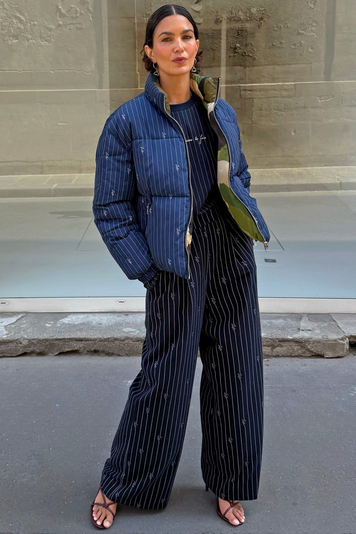 Navy Pinstripe Reversible Funnel Neck Puffer | Never Fully Dressed Popular