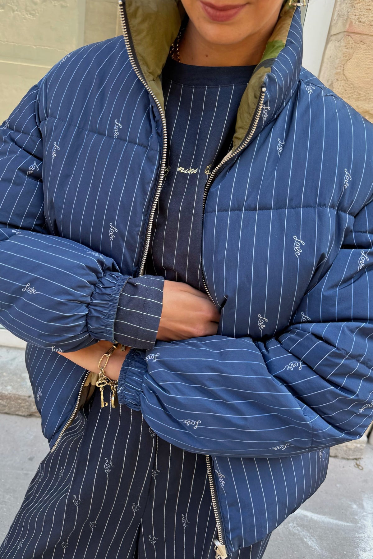 Navy Pinstripe Reversible Funnel Neck Puffer | Never Fully Dressed Popular