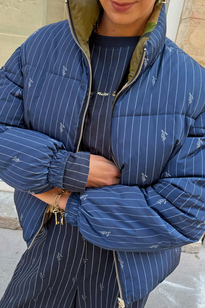 Navy Pinstripe Reversible Funnel Neck Puffer | Never Fully Dressed Popular
