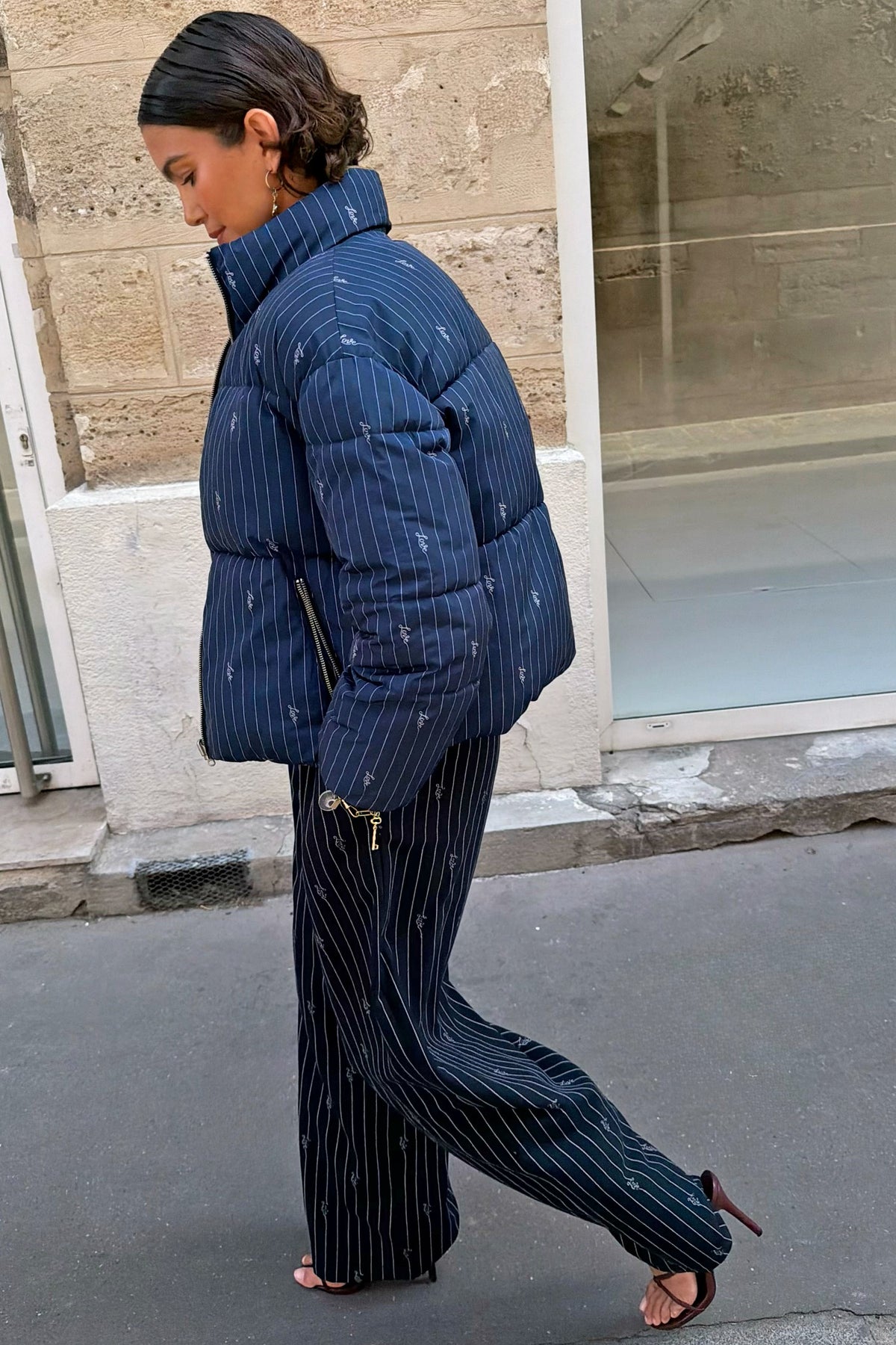 Navy Pinstripe Reversible Funnel Neck Puffer | Never Fully Dressed Popular