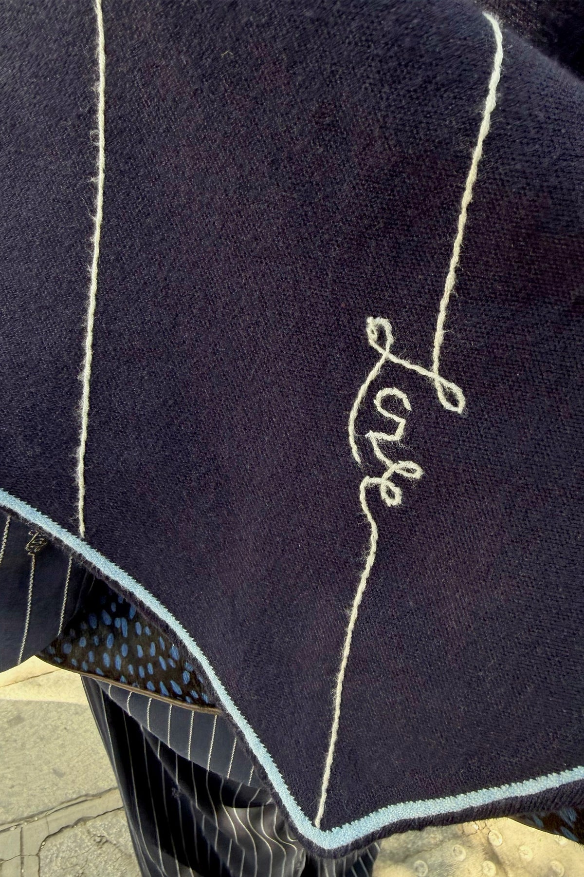 Navy Pinstripe Large Knit Scarf | Never Fully Dressed Top Pick