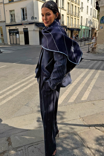 Navy Pinstripe Large Knit Scarf | Never Fully Dressed Top Pick