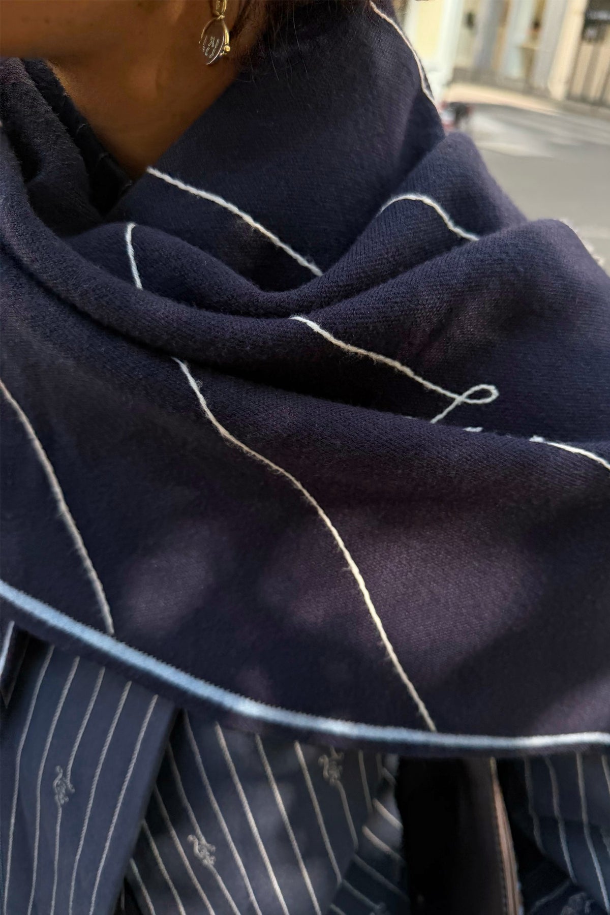 Navy Pinstripe Large Knit Scarf | Never Fully Dressed Top Pick