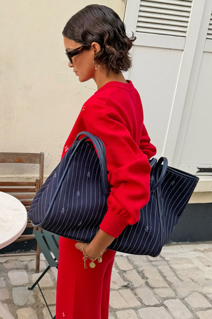 Navy Pinstripe Shopper Bag | Never Fully Dressed Special Offer