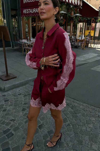 Burgundy and Pink Lace Marley Shirt | Never Fully Dressed Featured