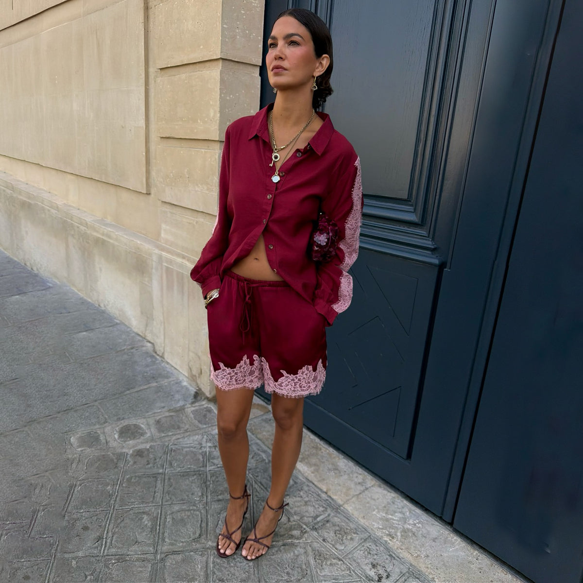 Burgundy and Pink Lace Maeva Shorts | Never Fully Dressed Everyday