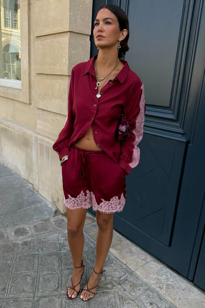 Burgundy and Pink Lace Maeva Shorts | Never Fully Dressed Everyday