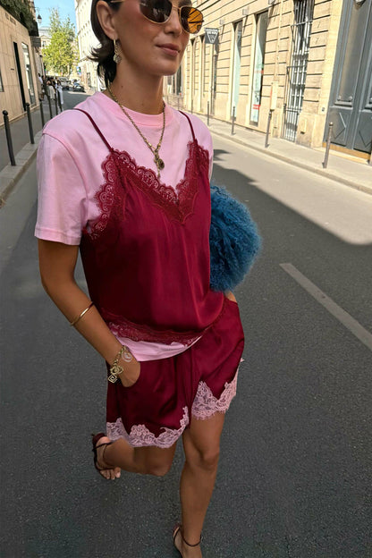 Burgundy and Pink Lace Maeva Shorts | Never Fully Dressed Everyday