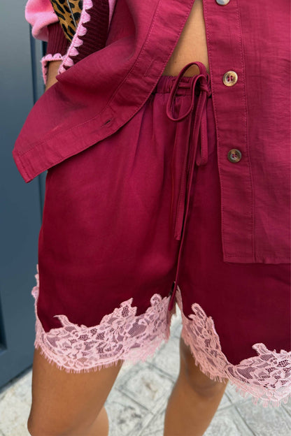 Burgundy and Pink Lace Maeva Shorts | Never Fully Dressed Everyday