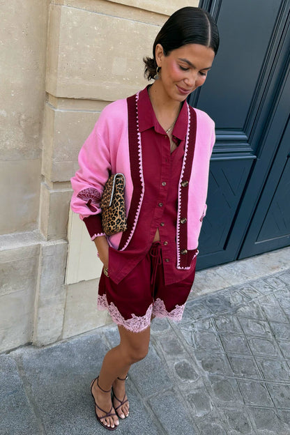 Burgundy and Pink Lace Maeva Shorts | Never Fully Dressed Everyday