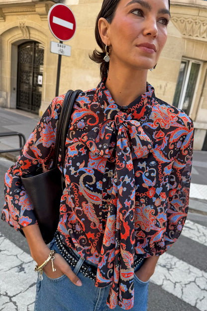 Black Paisley Pussy Bow Shirt | Never Fully Dressed Top Pick