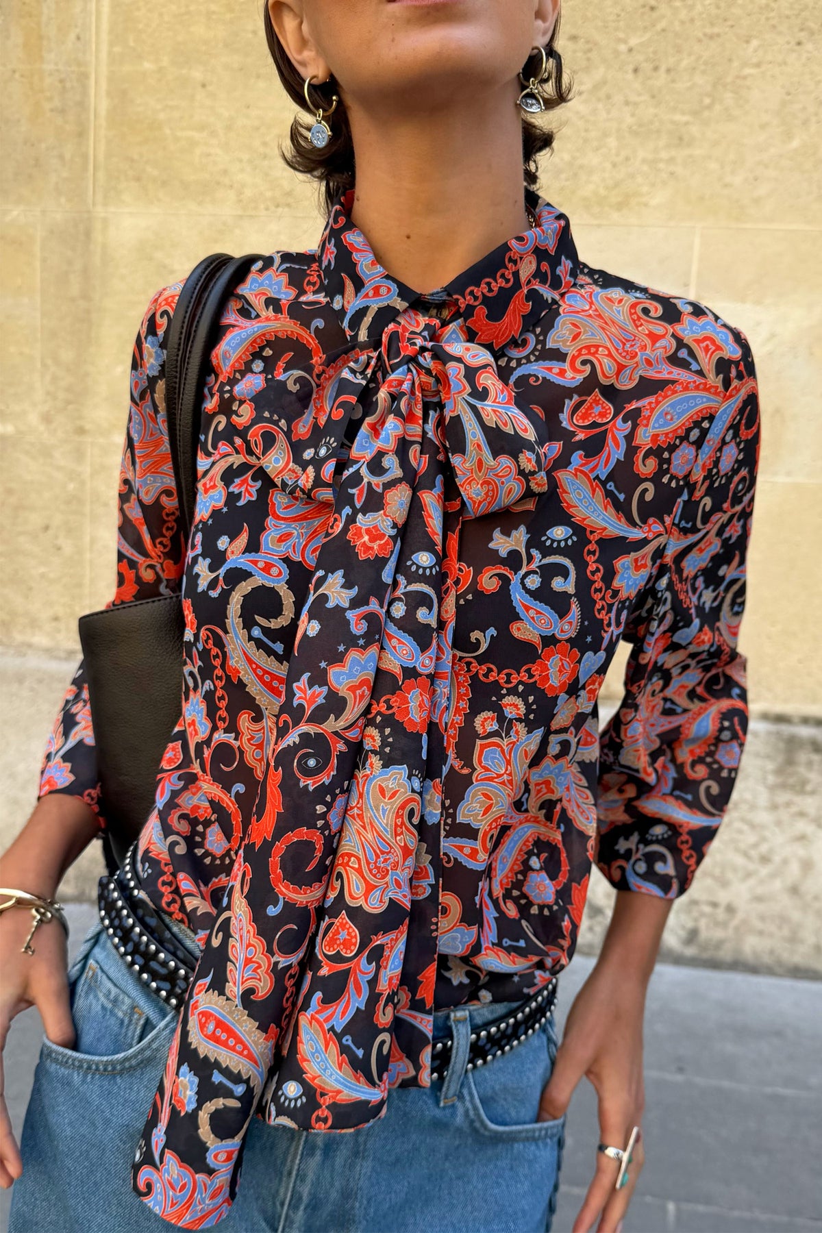 Black Paisley Pussy Bow Shirt | Never Fully Dressed Top Pick