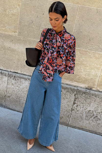 Black Paisley Pussy Bow Shirt | Never Fully Dressed Top Pick