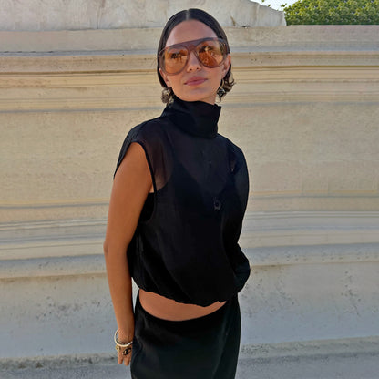 Black Organza Funnel Neck Top | Never Fully Dressed Premium