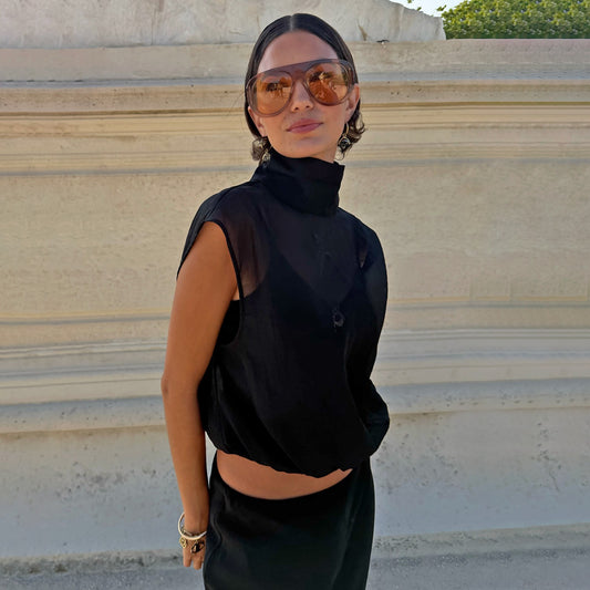Black Organza Funnel Neck Top | Never Fully Dressed Premium