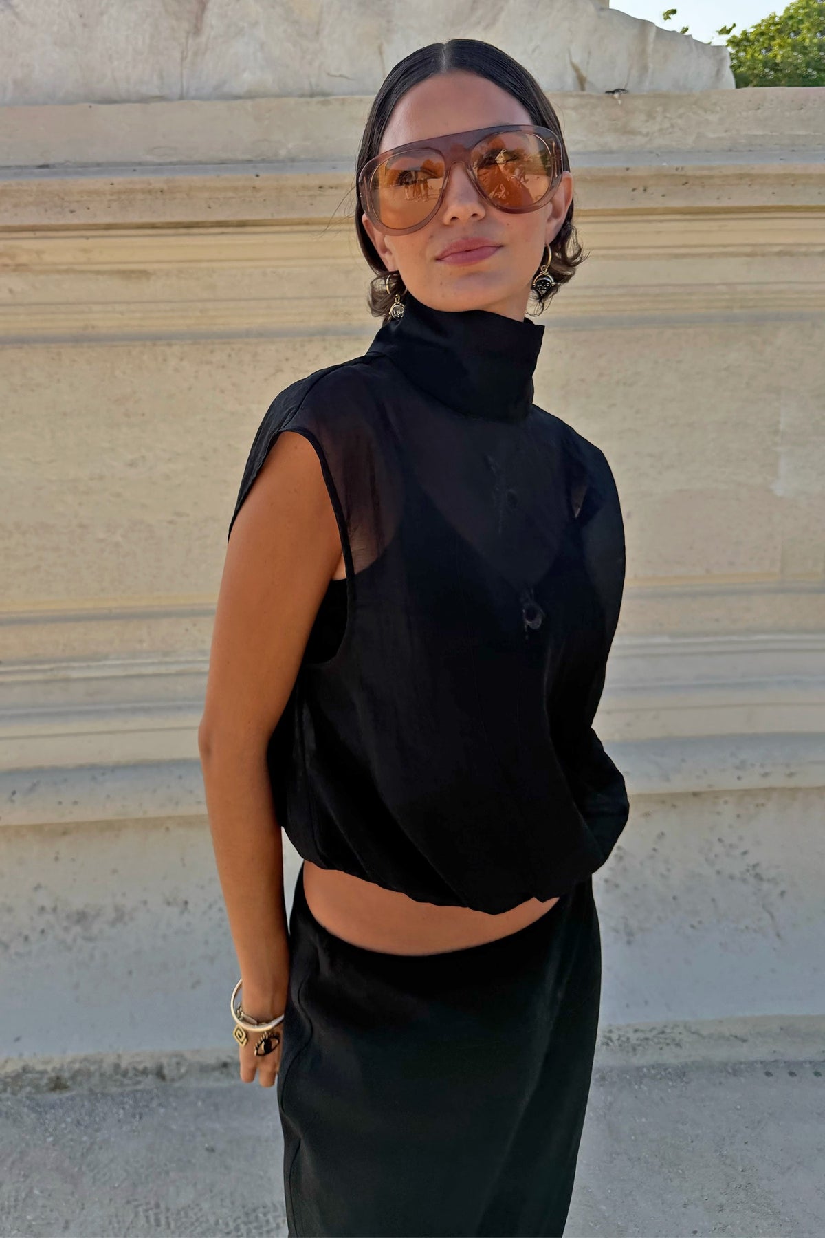 Black Organza Funnel Neck Top | Never Fully Dressed Premium