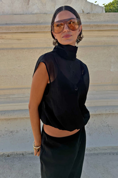 Black Organza Funnel Neck Top | Never Fully Dressed Premium