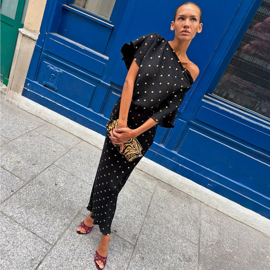 Black Tilly Gold Fleck Plissé Dress | Never Fully Dressed Trending