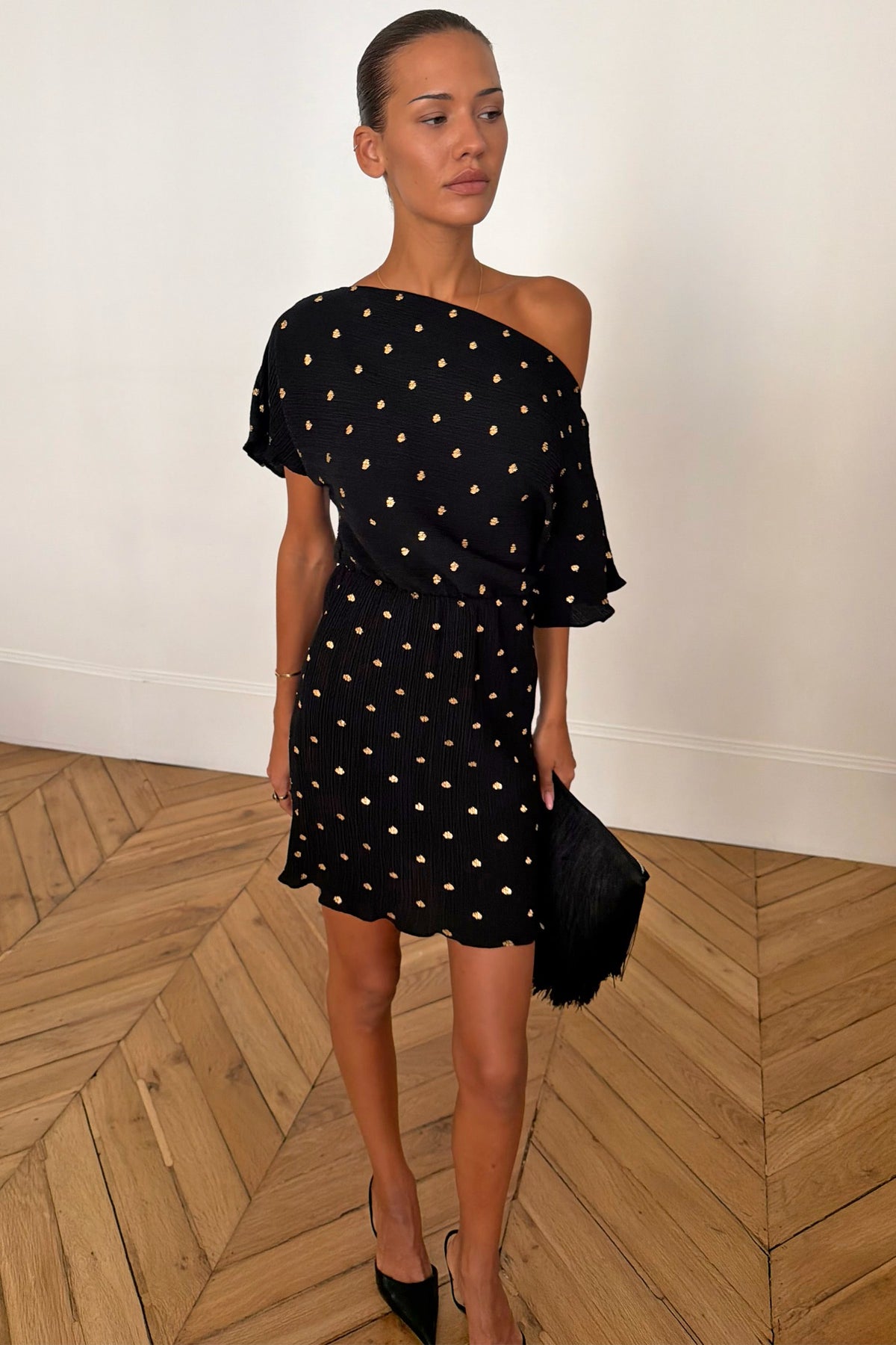 Black Mini Tilly Dress with Gold Fleck | Never Fully Dressed Premium
