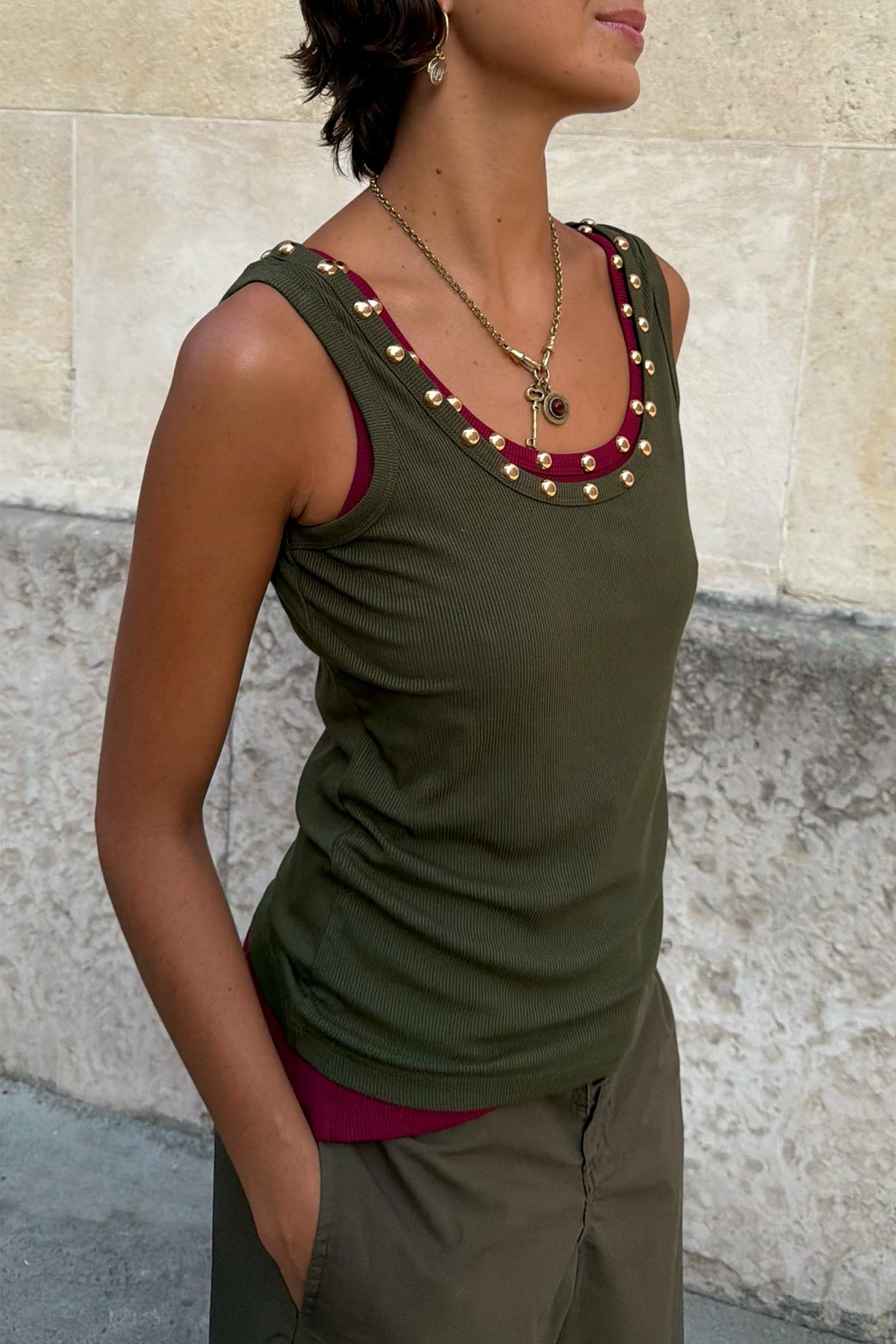 Khaki Studded Tank | Never Fully Dressed Signature