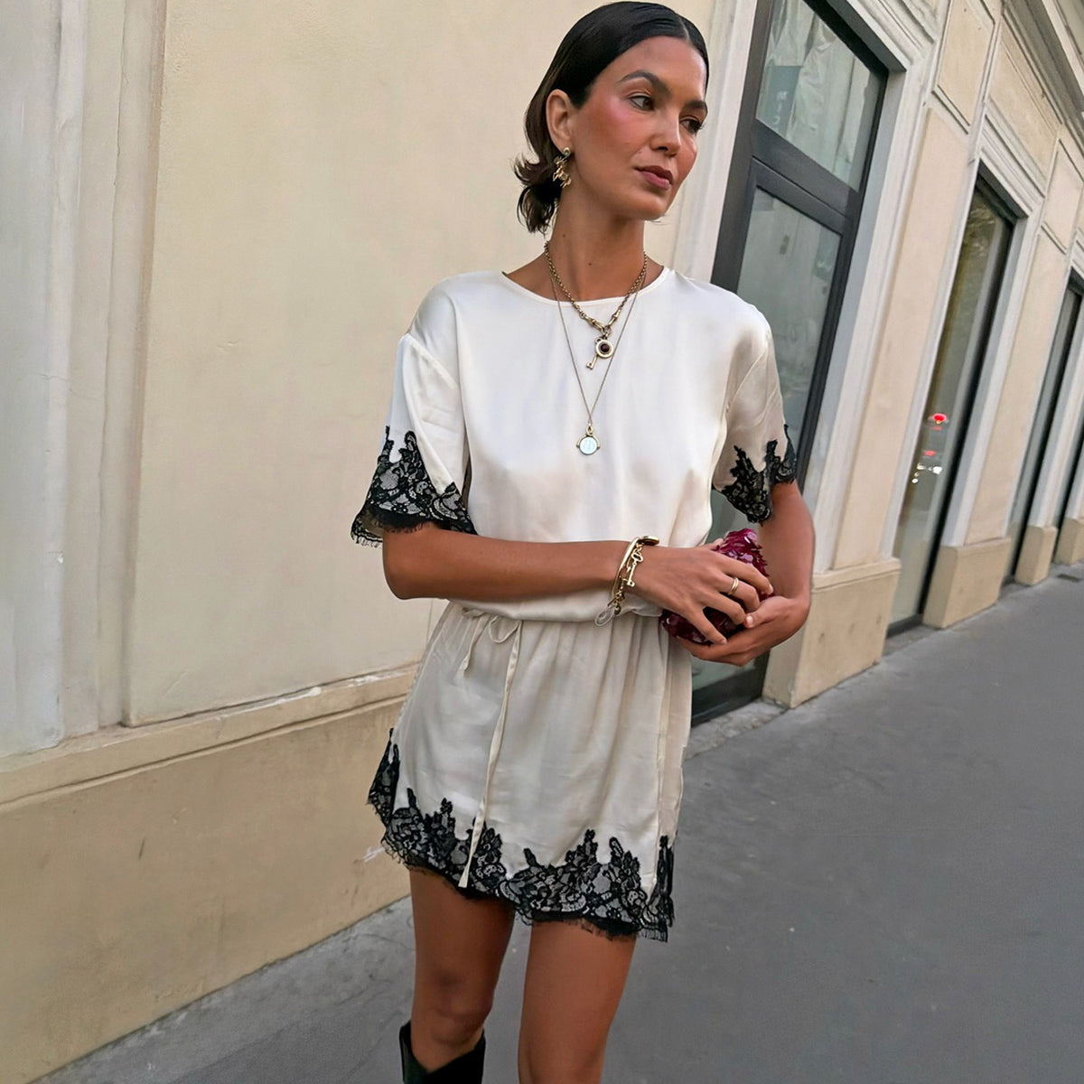 Cream and Black Lace T-Shirt Dress | Never Fully Dressed Quality