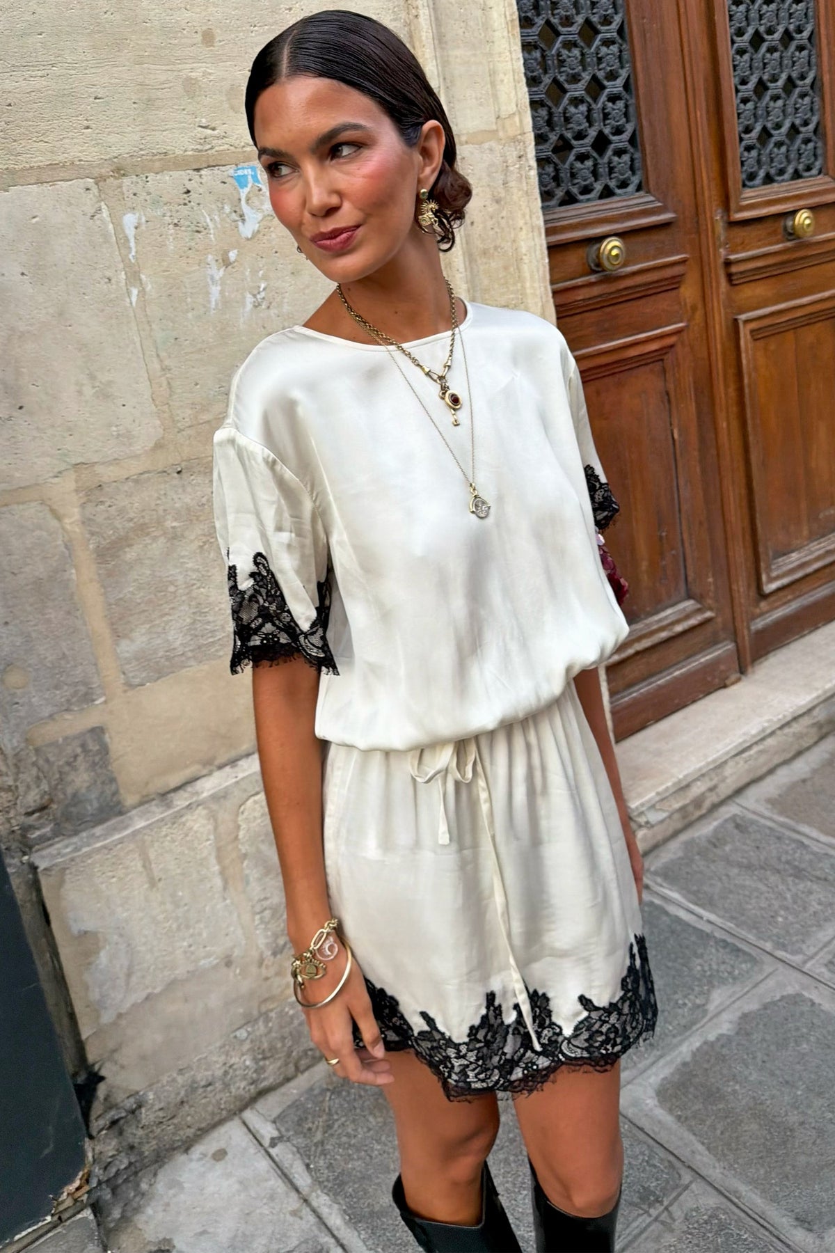 Cream and Black Lace T-Shirt Dress | Never Fully Dressed Quality
