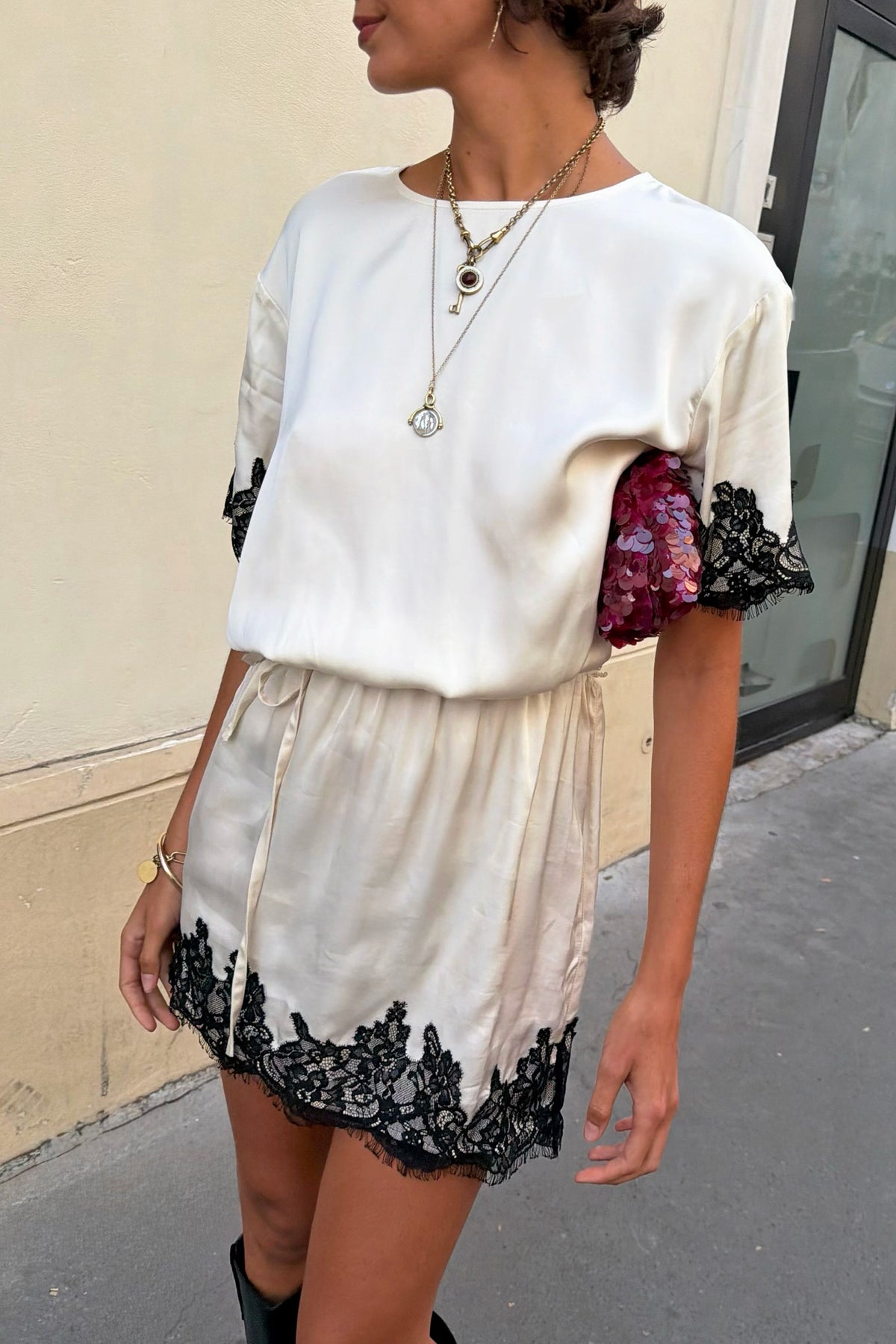 Cream and Black Lace T-Shirt Dress | Never Fully Dressed Quality