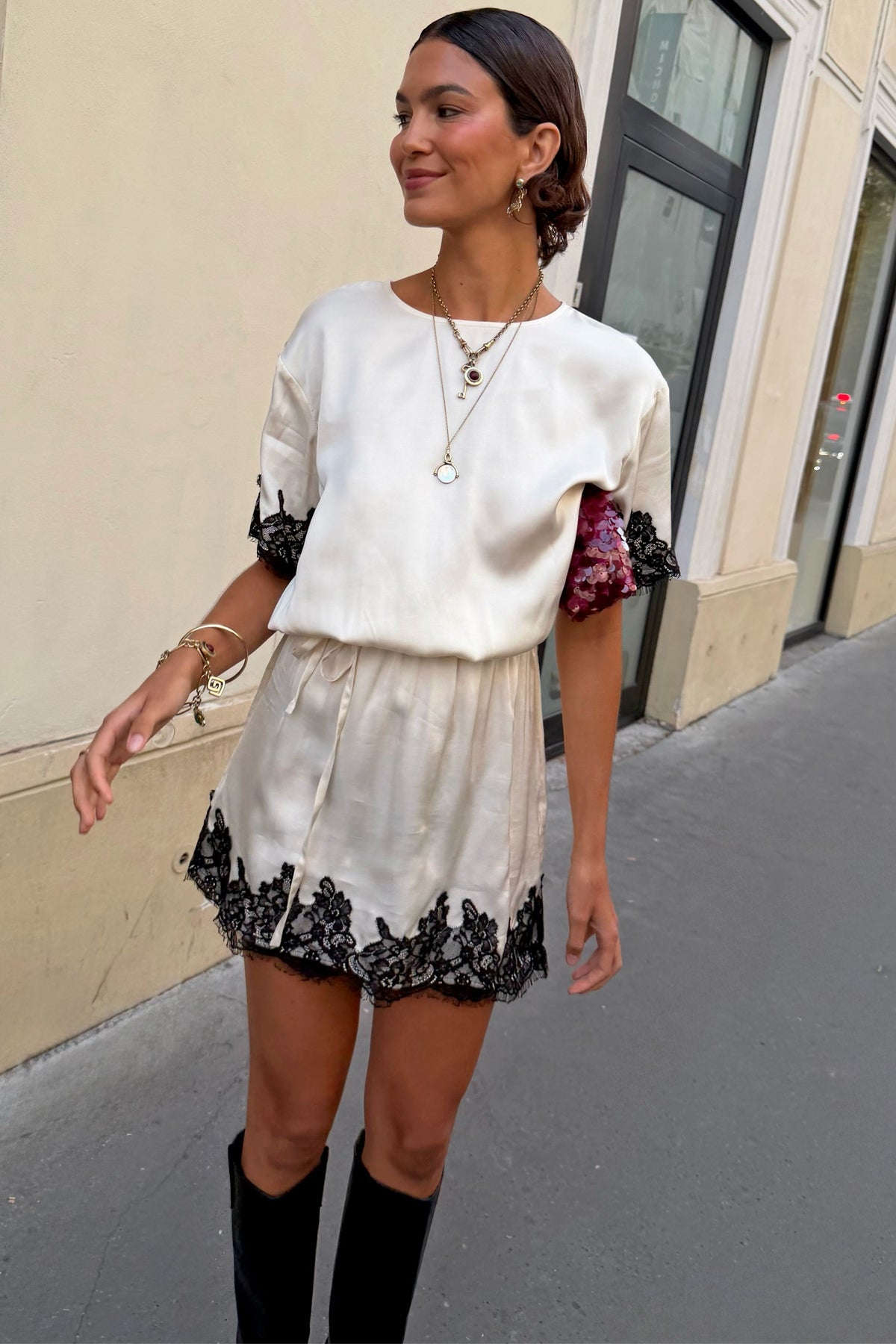Cream and Black Lace T-Shirt Dress | Never Fully Dressed Quality