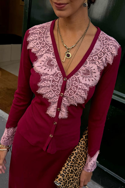 Burgundy Lace Rib Cardigan | Never Fully Dressed Special Offer