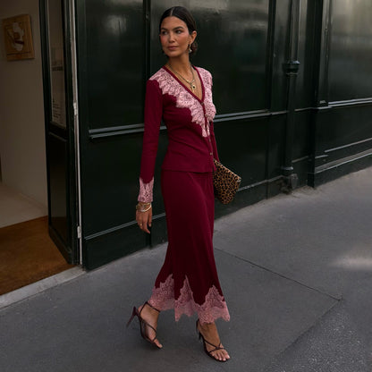 Burgundy Lace Rib Midi Maeva Skirt | Never Fully Dressed Top Pick