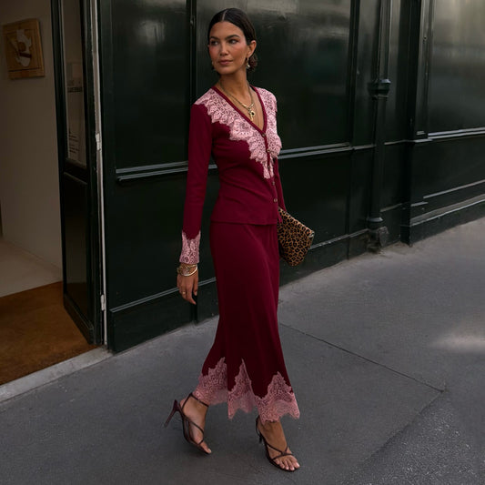 Burgundy Lace Rib Midi Maeva Skirt | Never Fully Dressed Top Pick