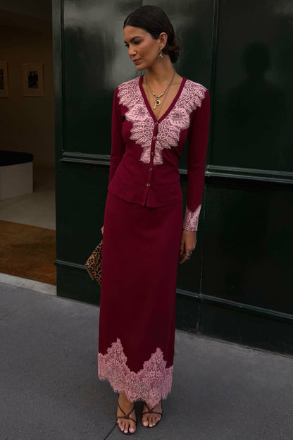 Burgundy Lace Rib Midi Maeva Skirt | Never Fully Dressed Top Pick