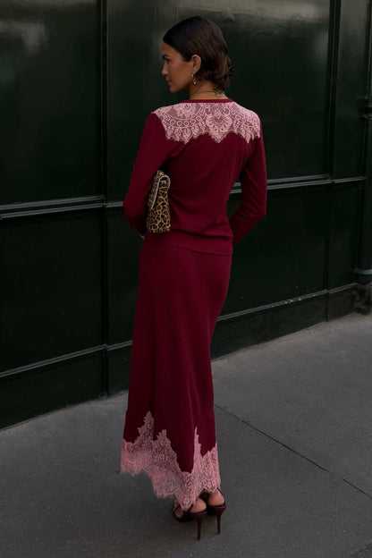 Burgundy Lace Rib Midi Maeva Skirt | Never Fully Dressed Top Pick