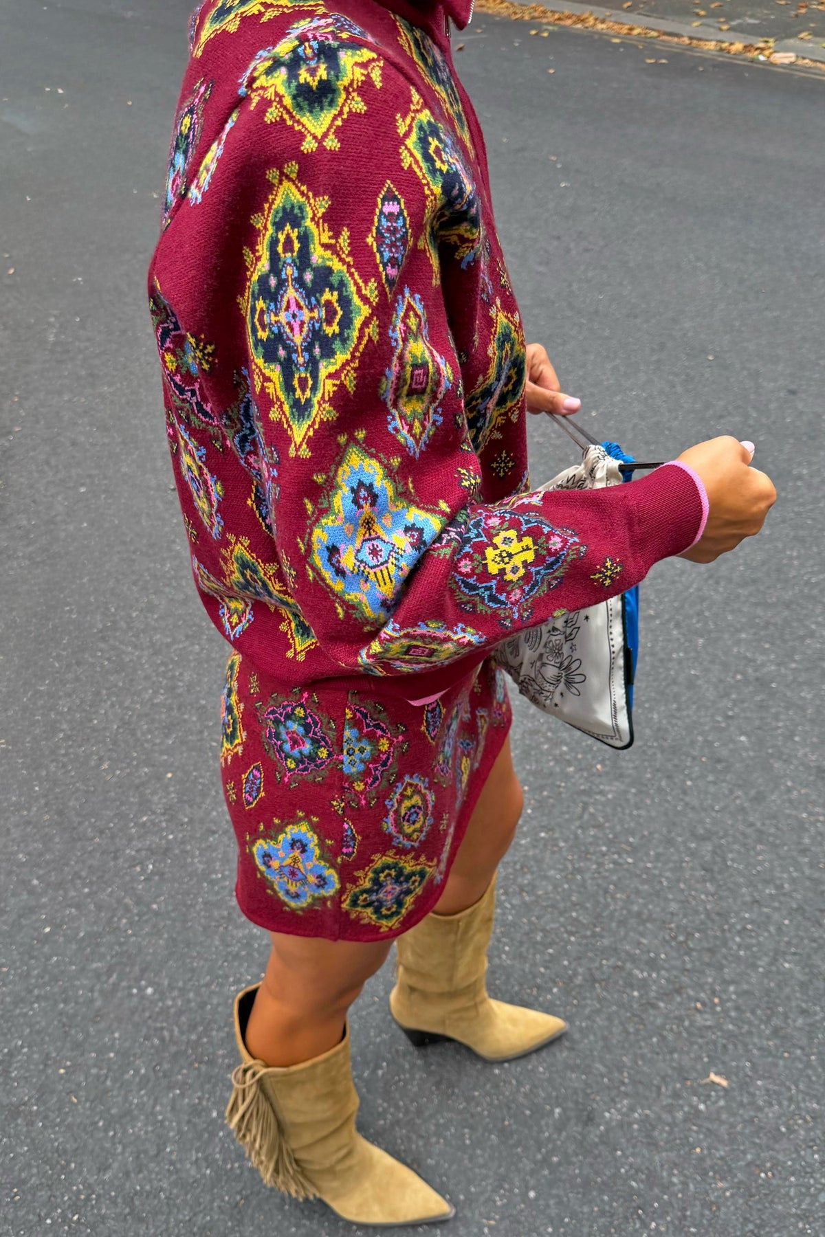 Red Tile Print Zip-Up Cardigan | Never Fully Dressed Latest