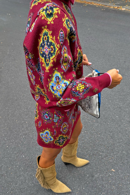 Red Tile Print Zip-Up Cardigan | Never Fully Dressed Latest