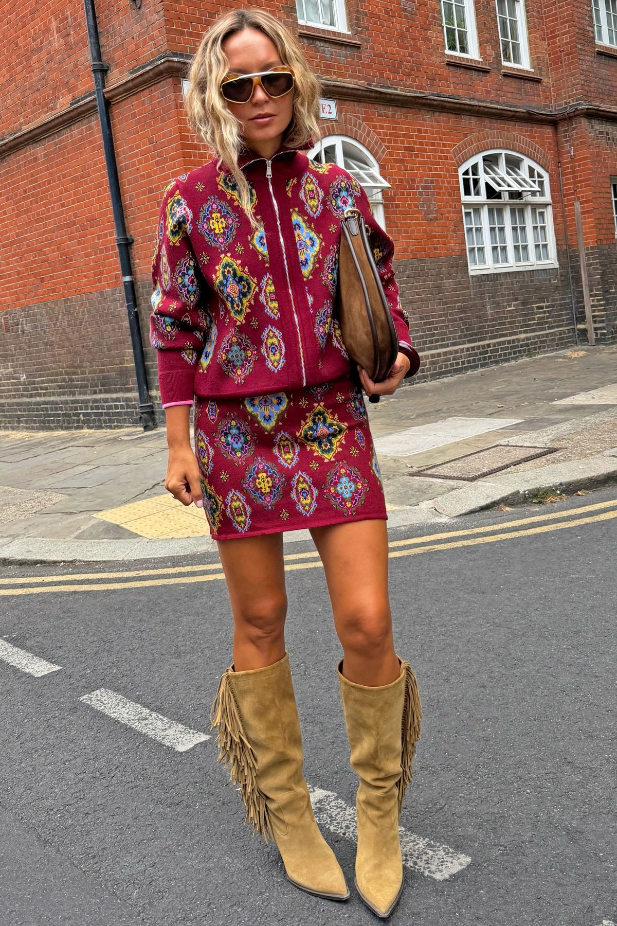 Red Tile Print Zip-Up Cardigan | Never Fully Dressed Latest